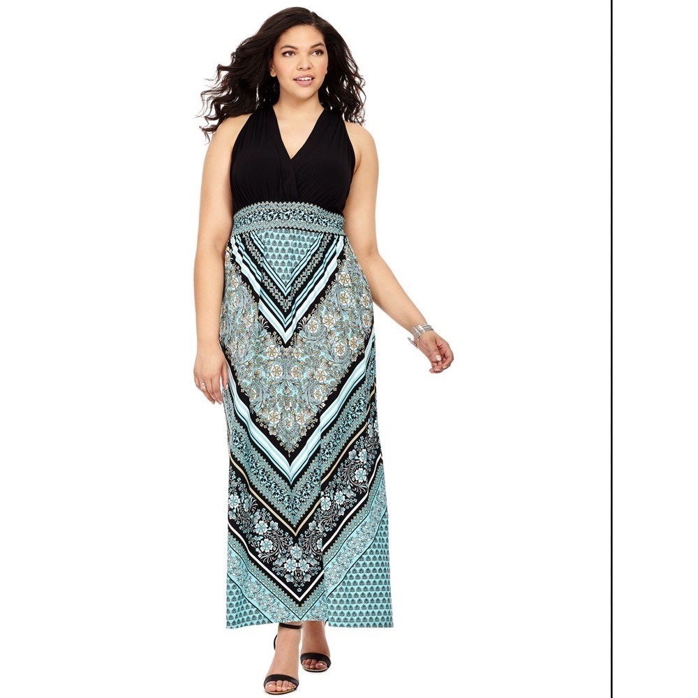London Style Collection Woman Black Halter Maxi‎ Dress Bohemian Print Size 14W